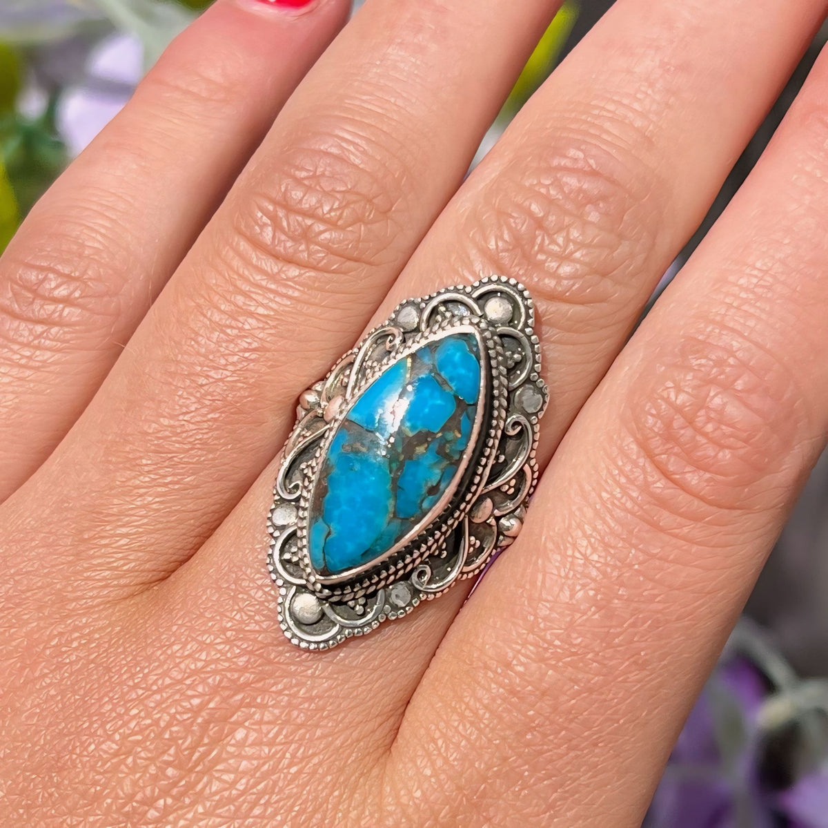 Marquise Turquoise Sterling Silver Bohemian Inspired Ring | Size N ½