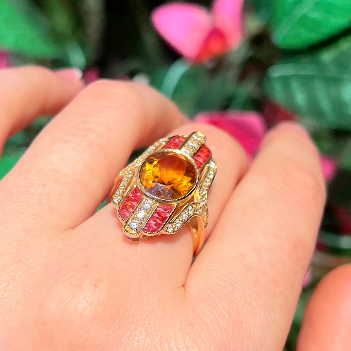 'The Soleil' Citrine, Orange Sapphire and Diamond 18ct Yellow Gold Cocktail Ring | Size M ½