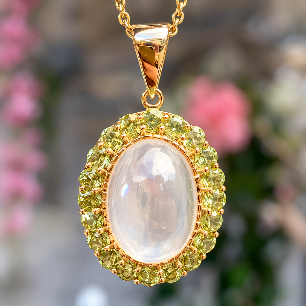 Moonstone and Peridot 9ct Yellow Gold Halo Necklace