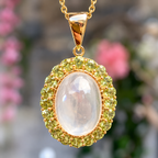 Moonstone and Peridot 9ct Yellow Gold Halo Necklace
