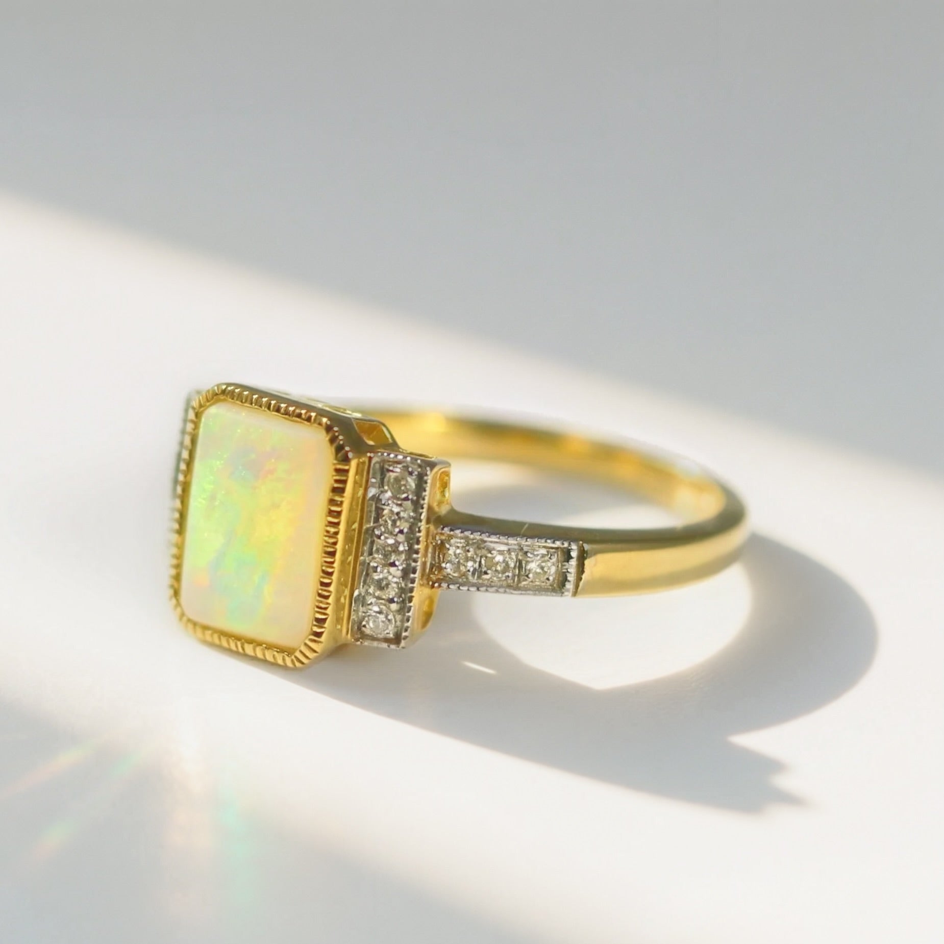 'The Opalina' Rectangular Opal and Diamond 9ct Yellow Gold Ring | Size K
