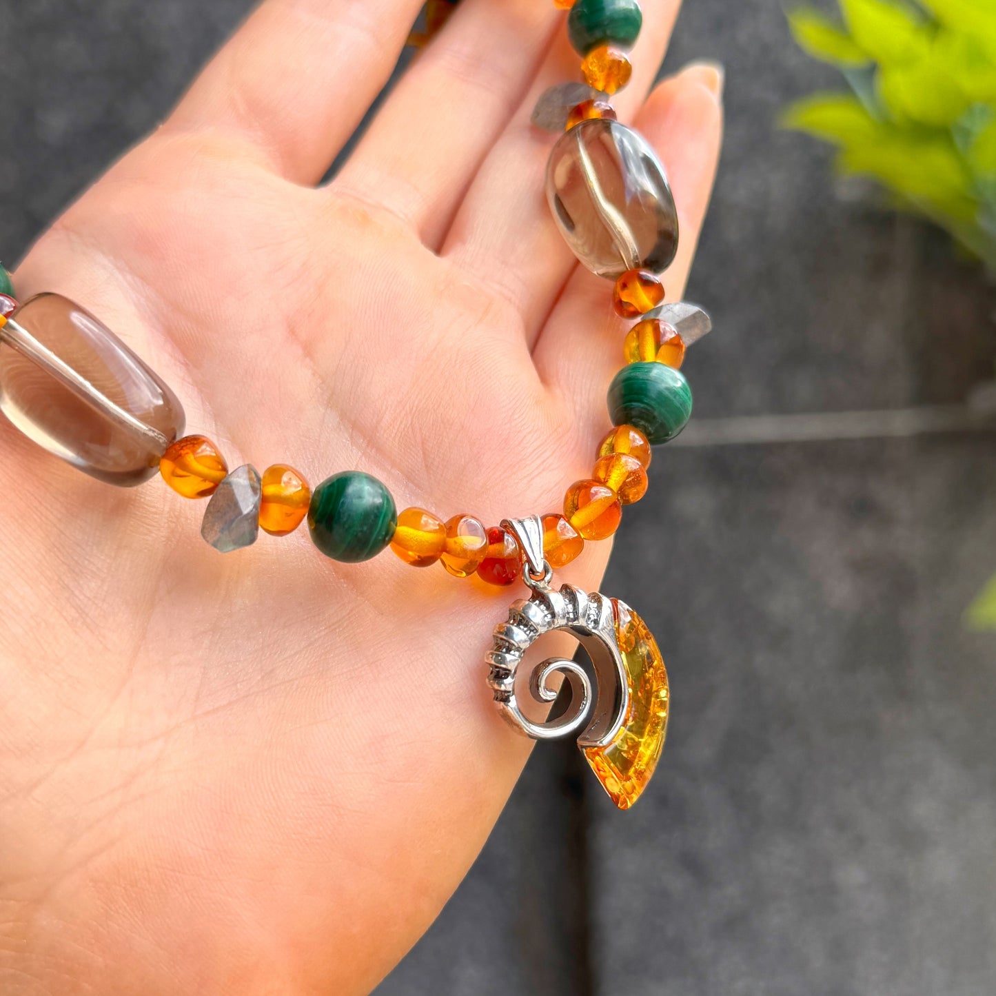 Orange Amber, Green Malachite, Dark Labradorite & Smoky Quartz Fossil Design Sterling Silver Beaded Necklace