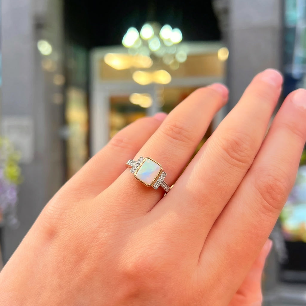 'The Opalina' Rectangular Opal and Diamond 9ct Yellow Gold Ring | Size K