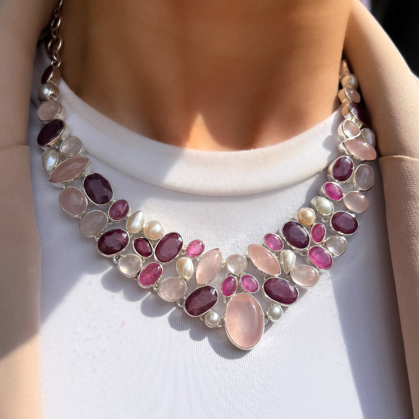 Red Ruby, White Pearl, Pink Rose Quartz & Clear Quartz Chunky Sterling Silver Statement Collar Necklace