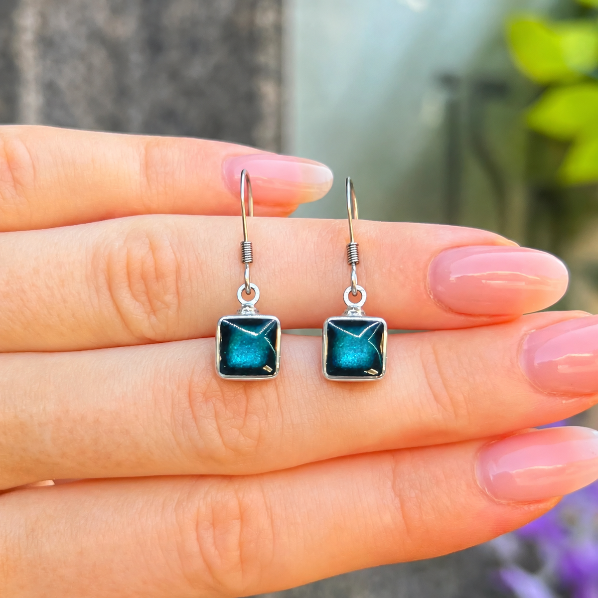 Dark Turquoise Blue Square Drop Earrings | Watch This Space