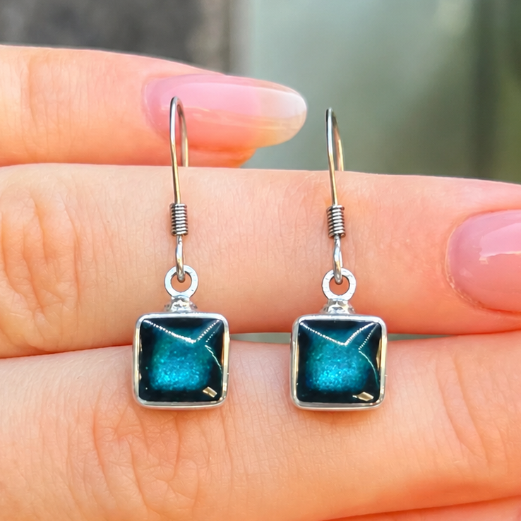Dark Turquoise Blue Square Drop Earrings | Watch This Space