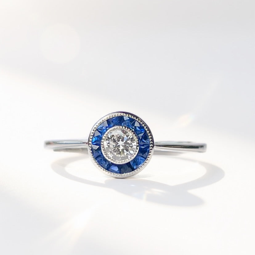 Art Deco Inspired Sapphire and Diamond Platinum Engagement Ring | Size N