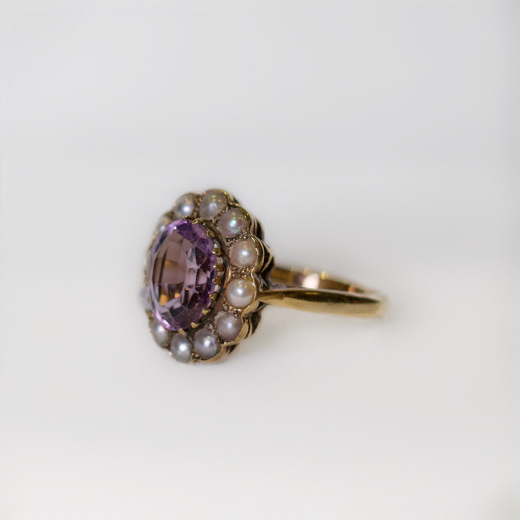 Vintage Amethyst and Pearl 9ct Yellow Gold Cluster Ring | Size O