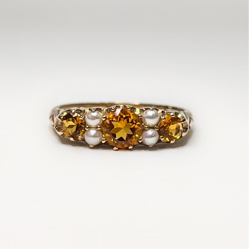 Edwardian Inspired Ornate 9ct Yellow Gold Citrine and Pearl Ring - SIZE O