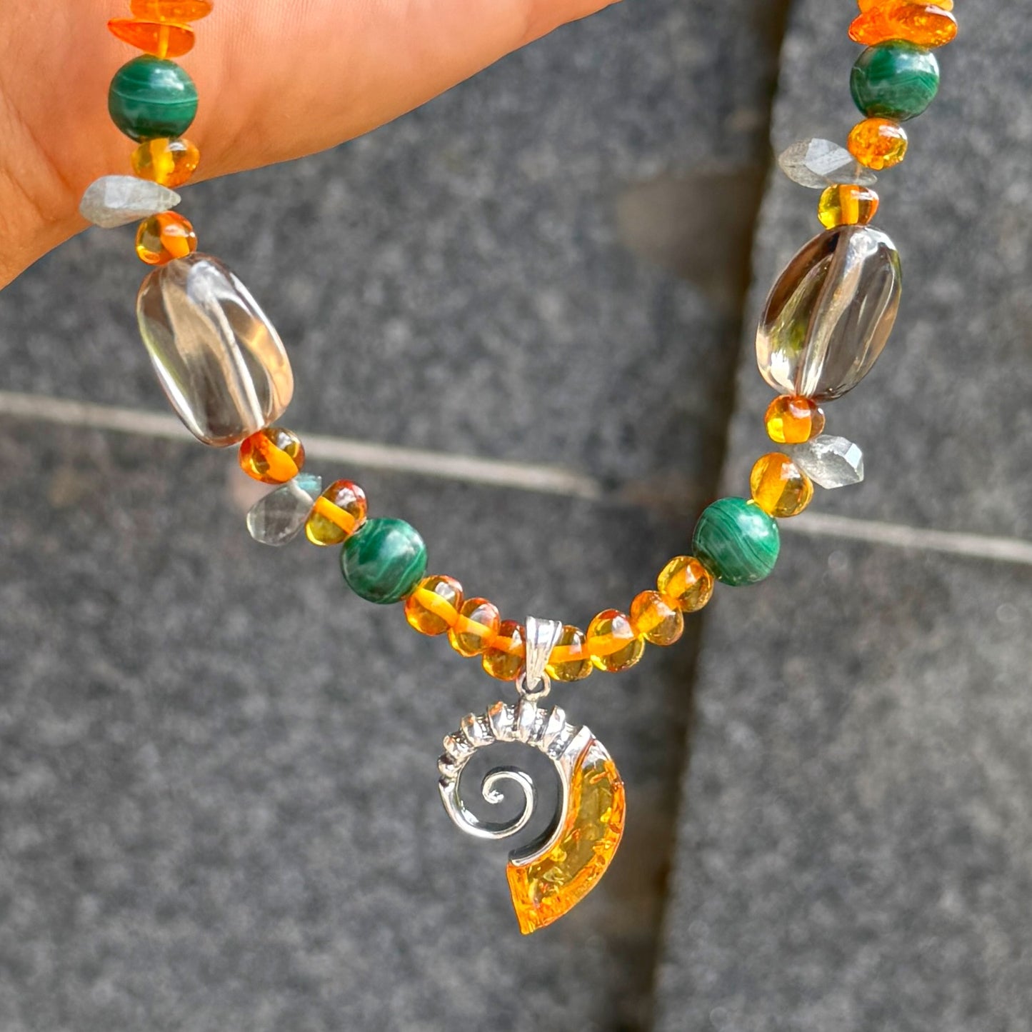 Orange Amber, Green Malachite, Dark Labradorite & Smoky Quartz Fossil Design Sterling Silver Beaded Necklace