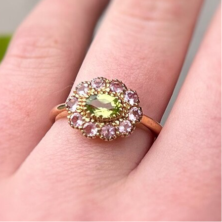 Victorian Reproduction 9ct Yellow Gold Peridot and Pink Tourmaline Floral Inspired Ring - Size O