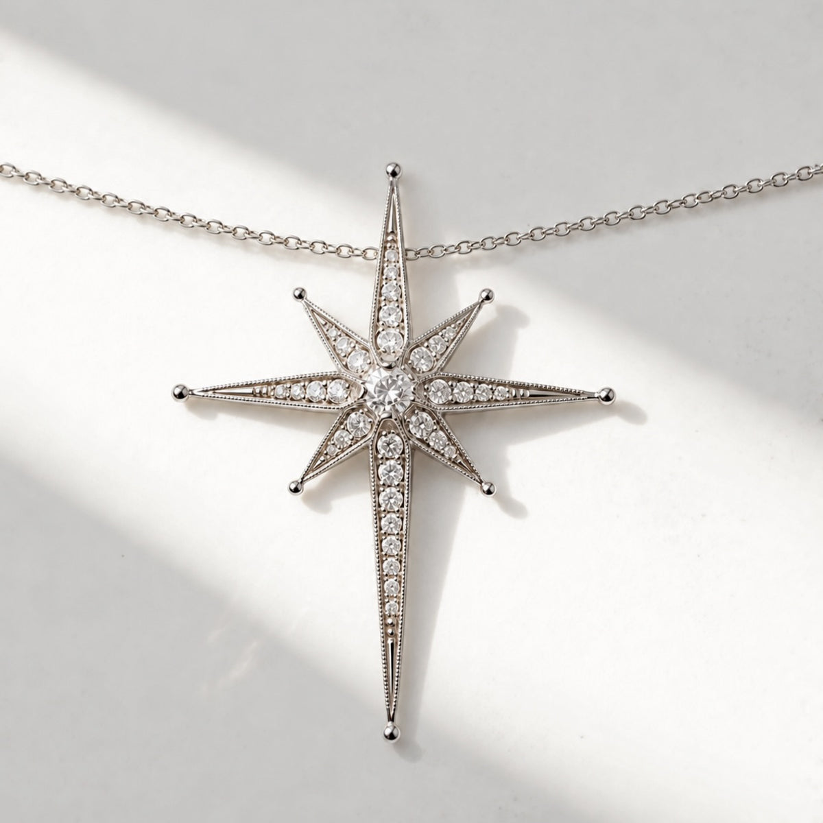 9ct White Gold and Diamond Edwardian Inspired Star Necklace