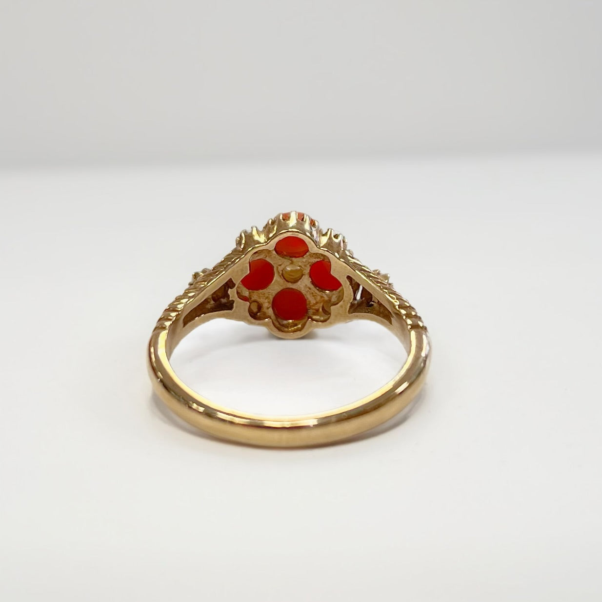 Victorian Inspired Coral and Seed Pearl 9ct Yellow Gold Forget-me-not Ring | Size M ½