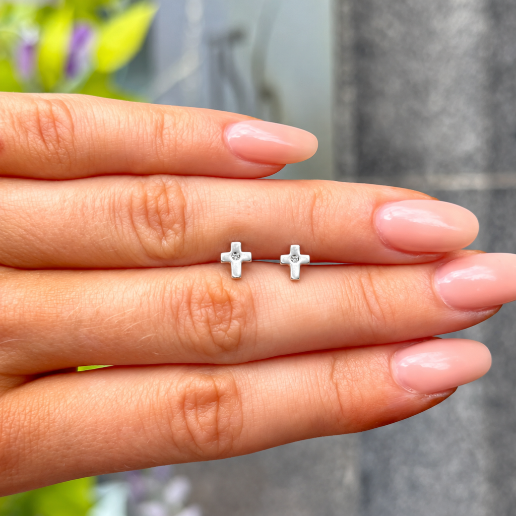 Diamond Sterling Silver Mini Cross Stud Earrings | D for Diamond