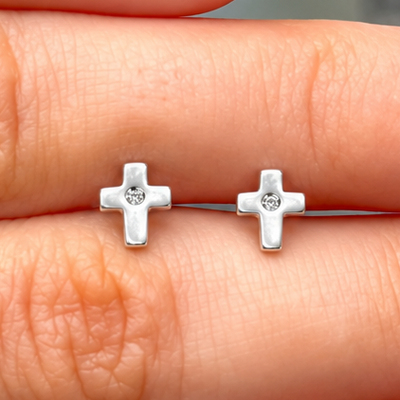 Diamond Sterling Silver Mini Cross Stud Earrings | D for Diamond