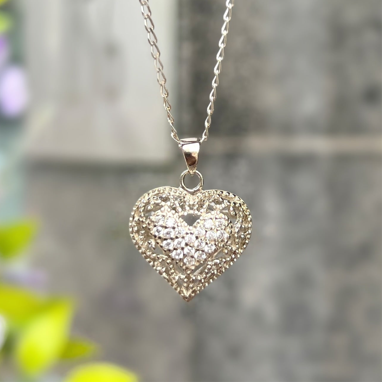 Sterling Silver Cubic 3D Heart Filigree Necklace