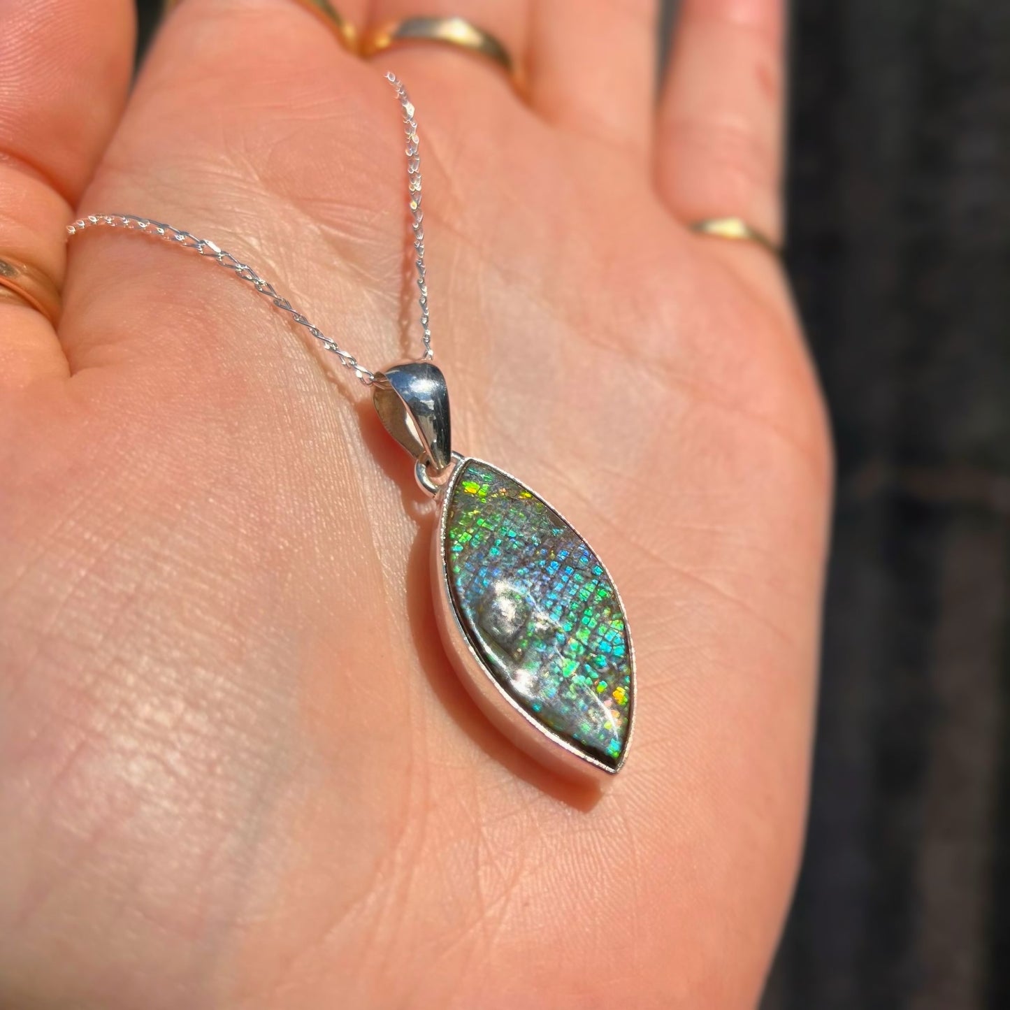 RARE Sterling Silver Fossilied Ammolite Marquise-Shaped Necklace