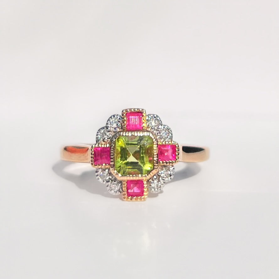 Peridot, Pink Ruby and Diamond Art Deco Reproduction 9ct Yellow Gold Ring | Size O