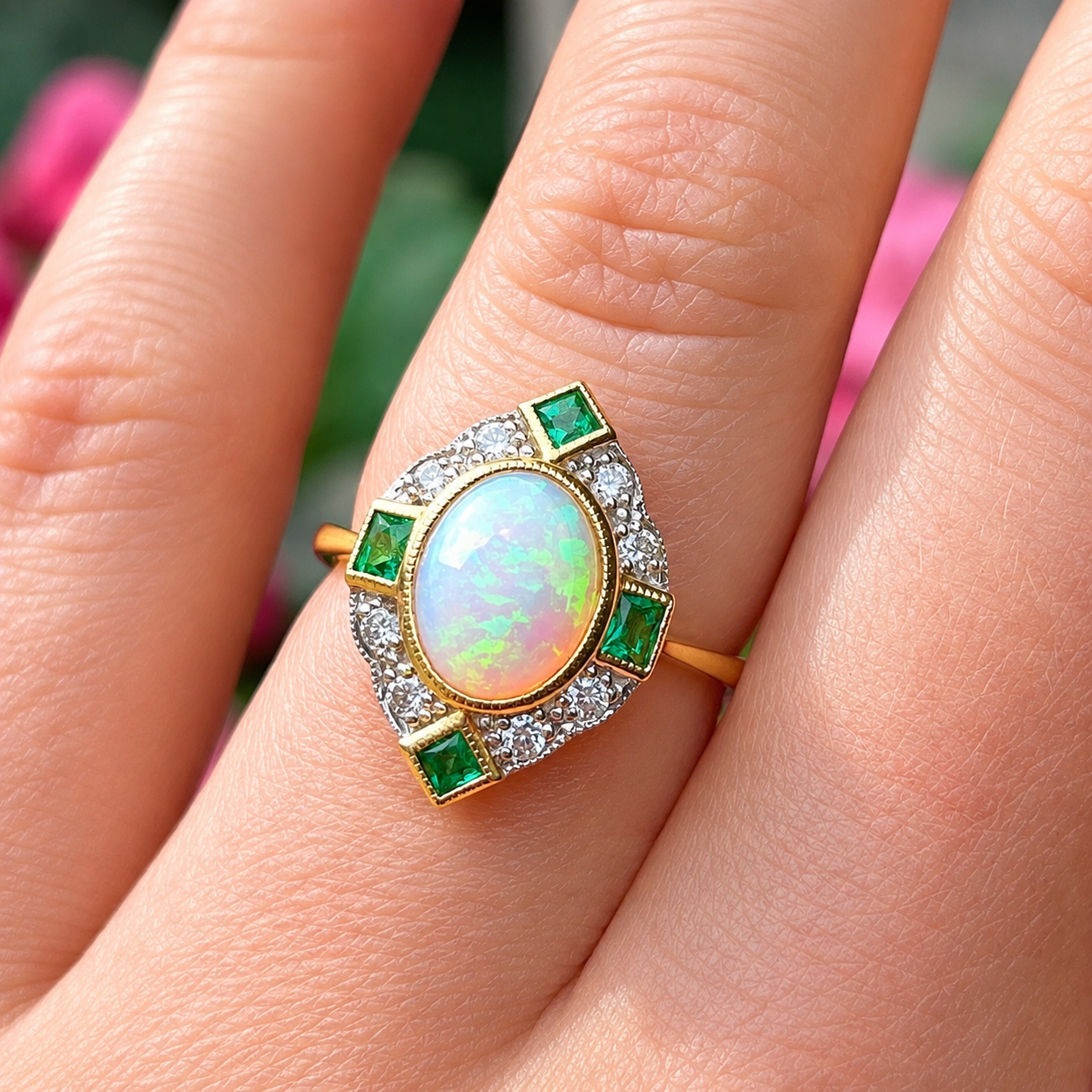 Art Deco Reproduction Opal, Emerald and Diamond 9ct Yellow Gold Ring | Size M ½