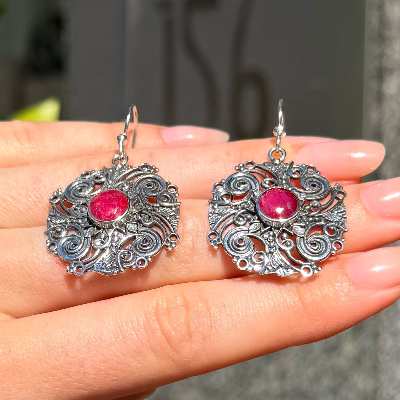 Round Cut Ruby Sterling Silver Boho Drop Earrings