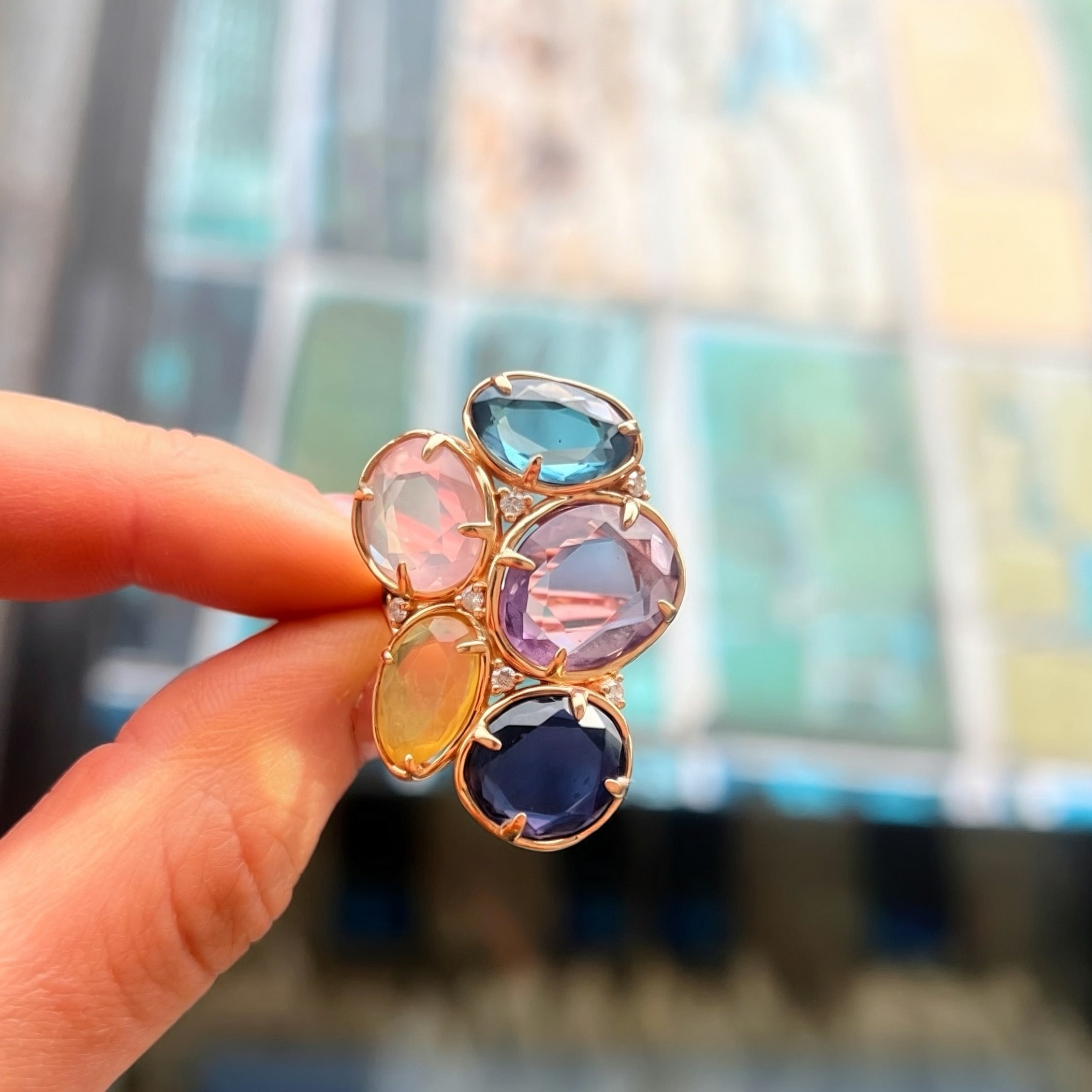 Rose Quartz, Iolite, Amethyst, Topaz, Opal and Diamond 14ct Rose Gold Chunky Ring | Peroni & Parise