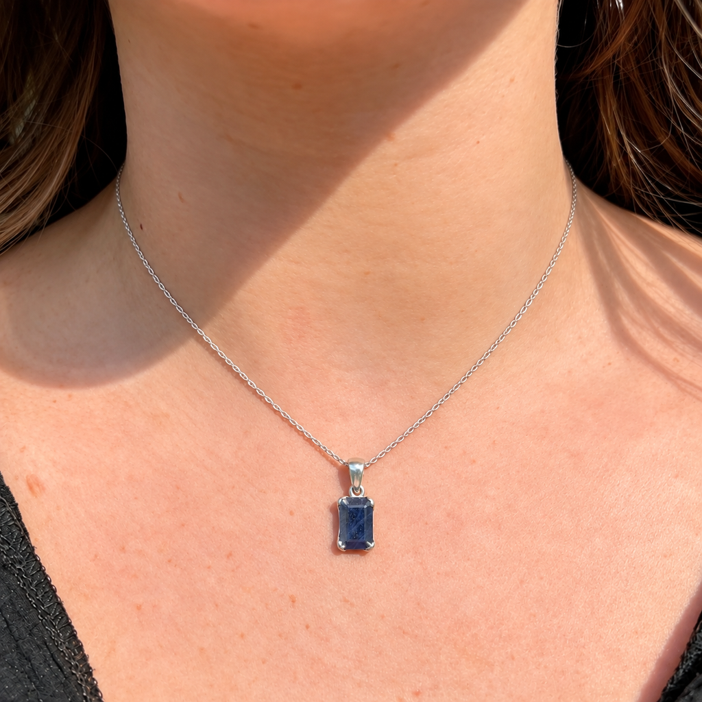 Claw Set Emerald Cut Blue Sapphire Sterling Silver Pendant & Chain