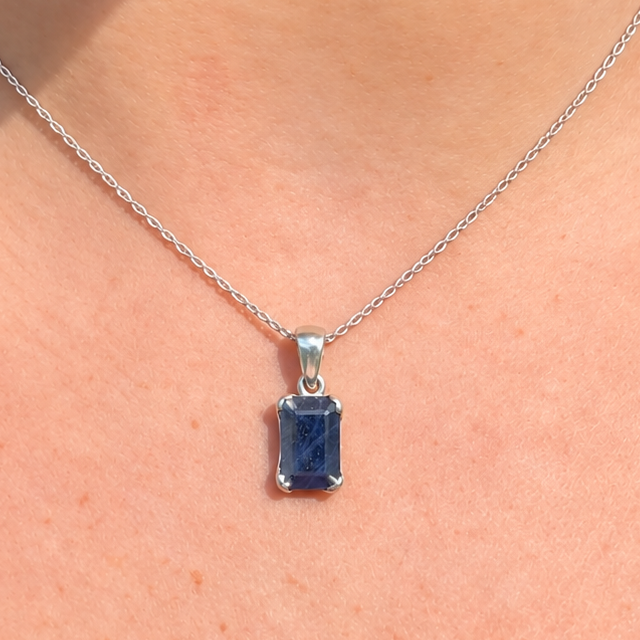 Claw Set Emerald Cut Blue Sapphire Sterling Silver Pendant & Chain