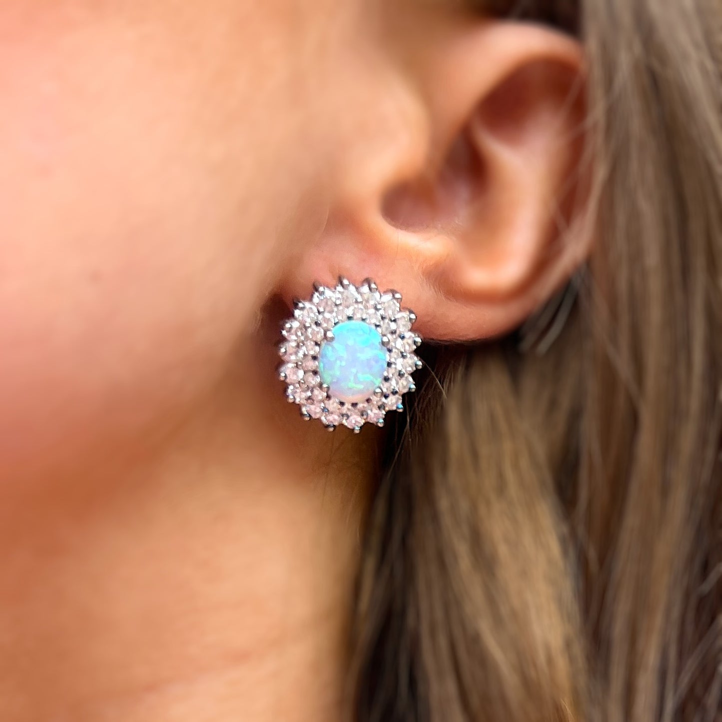 Large Elegant Sterling Silver Opal & Cubic Zirconia Halo Stud Earrings