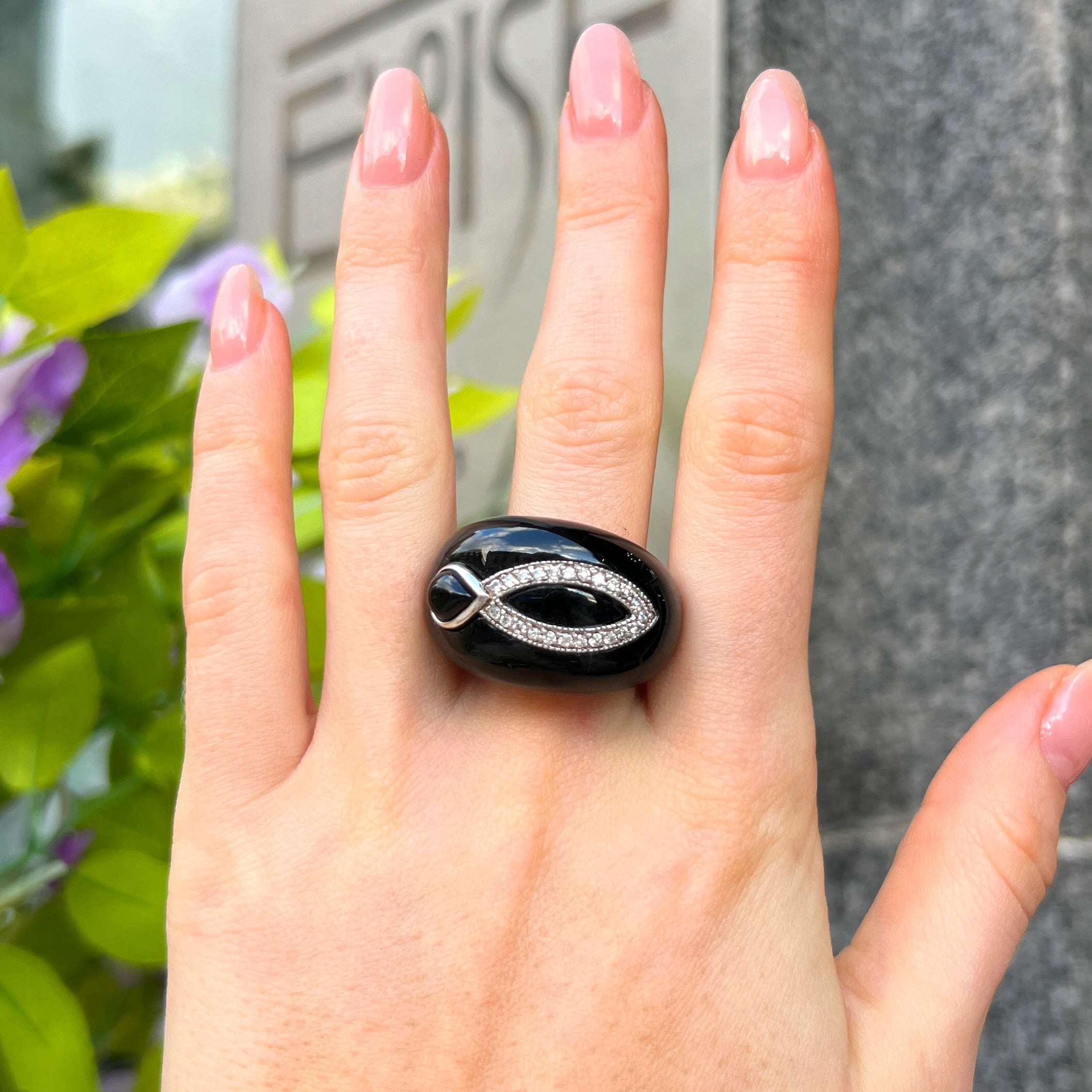 Onyx & Cubic Zirconia Sterling Silver Chunky Design Ring | Size Q