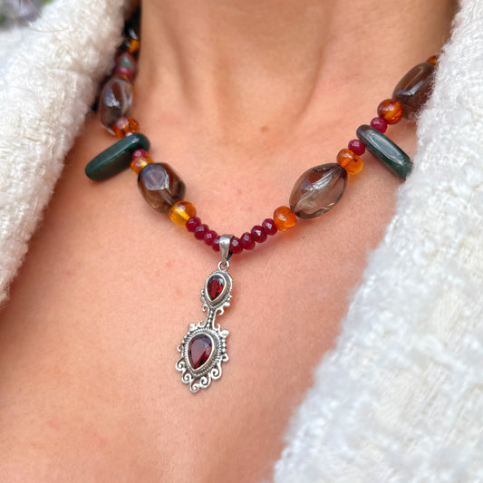 Amber, Carnelian, Garnet, Agate, & Smoky Quartz Sterling Silver Beaded Necklace