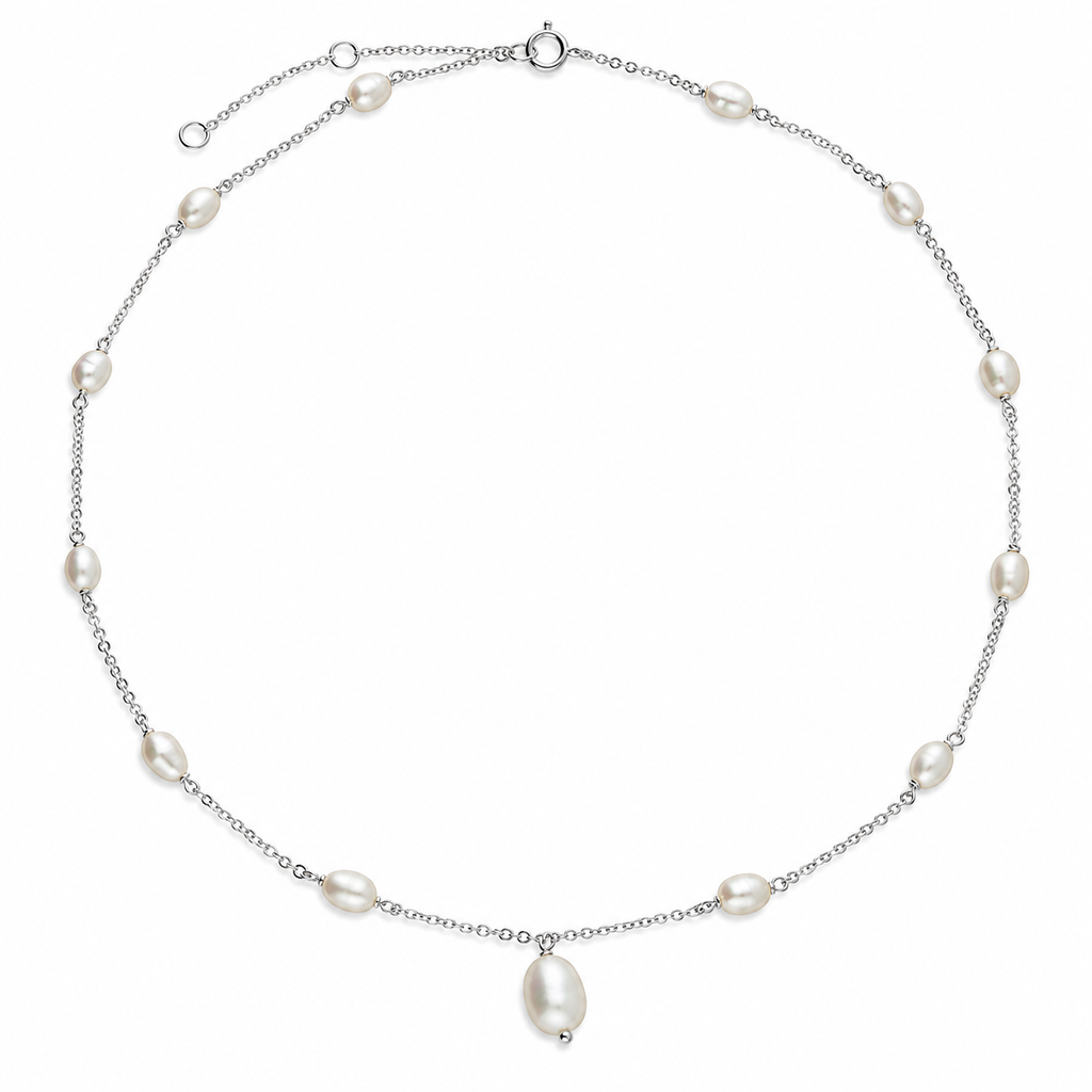 Pearl Sterling Silver Dainty Station Necklace