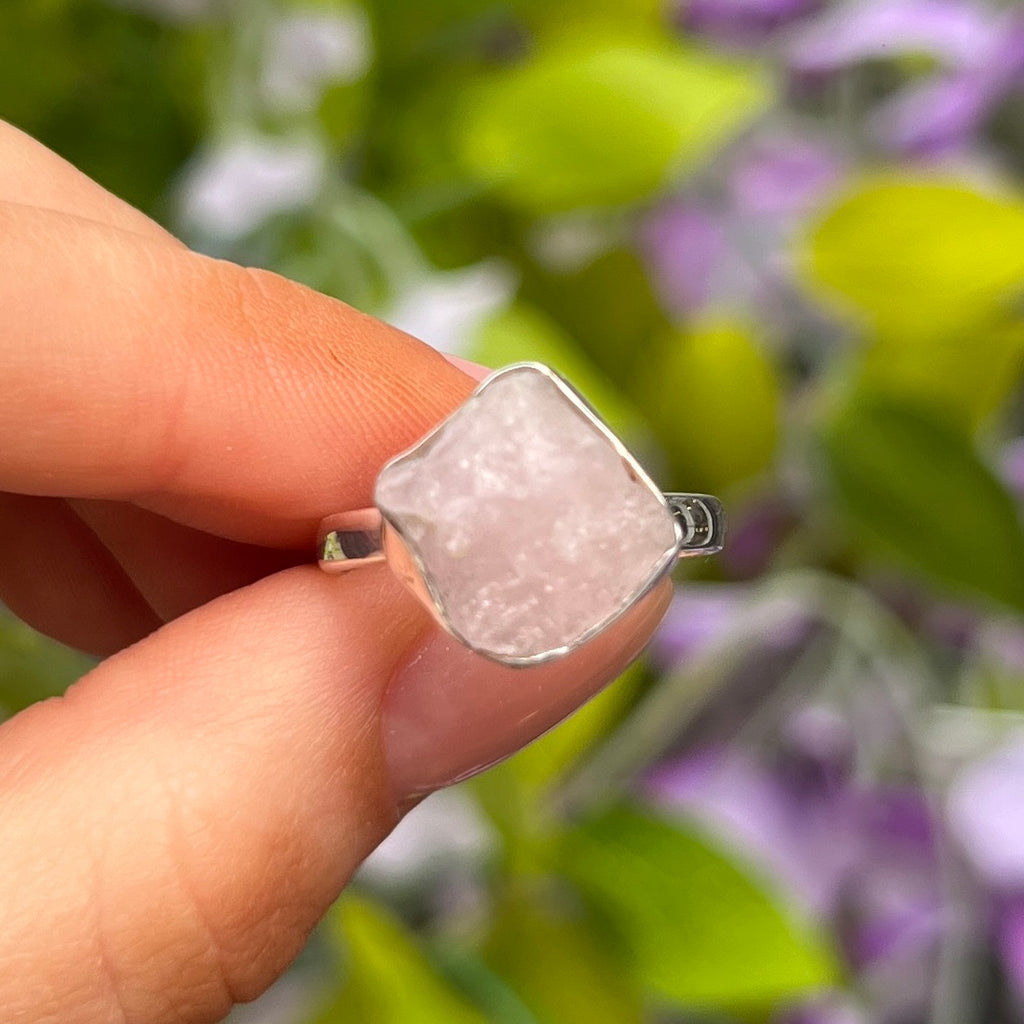 Square Rough Cut Rose Quartz Sterling Silver Ring | Size O