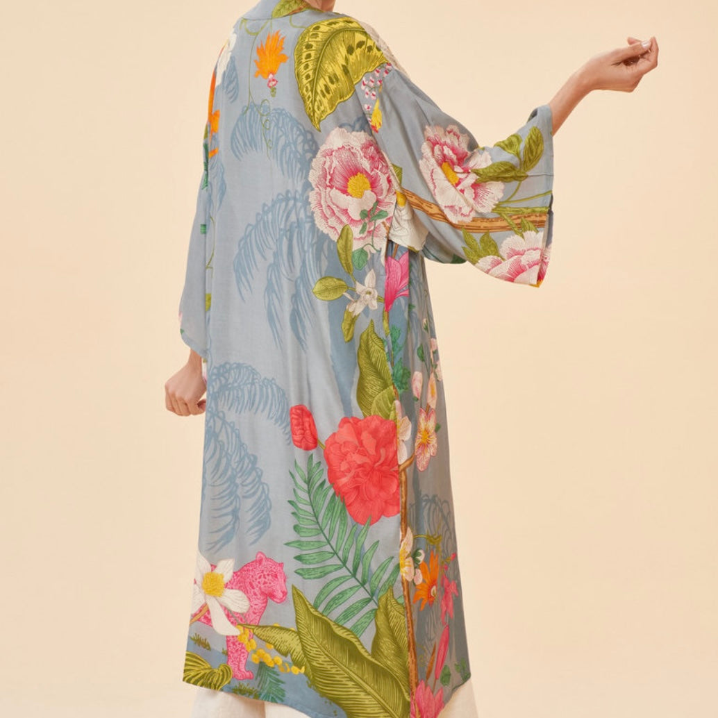 Powder Accessories Grey Floral Tropical Flora and Fauna Long Kimono Gown