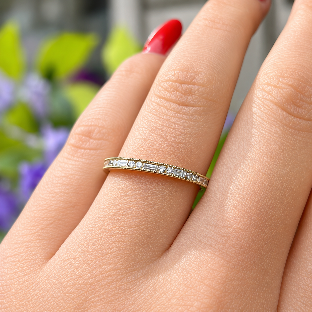 Brilliant and Baguette Cut Diamond 18ct Yellow Gold Half Eternity Ring | Size M ½