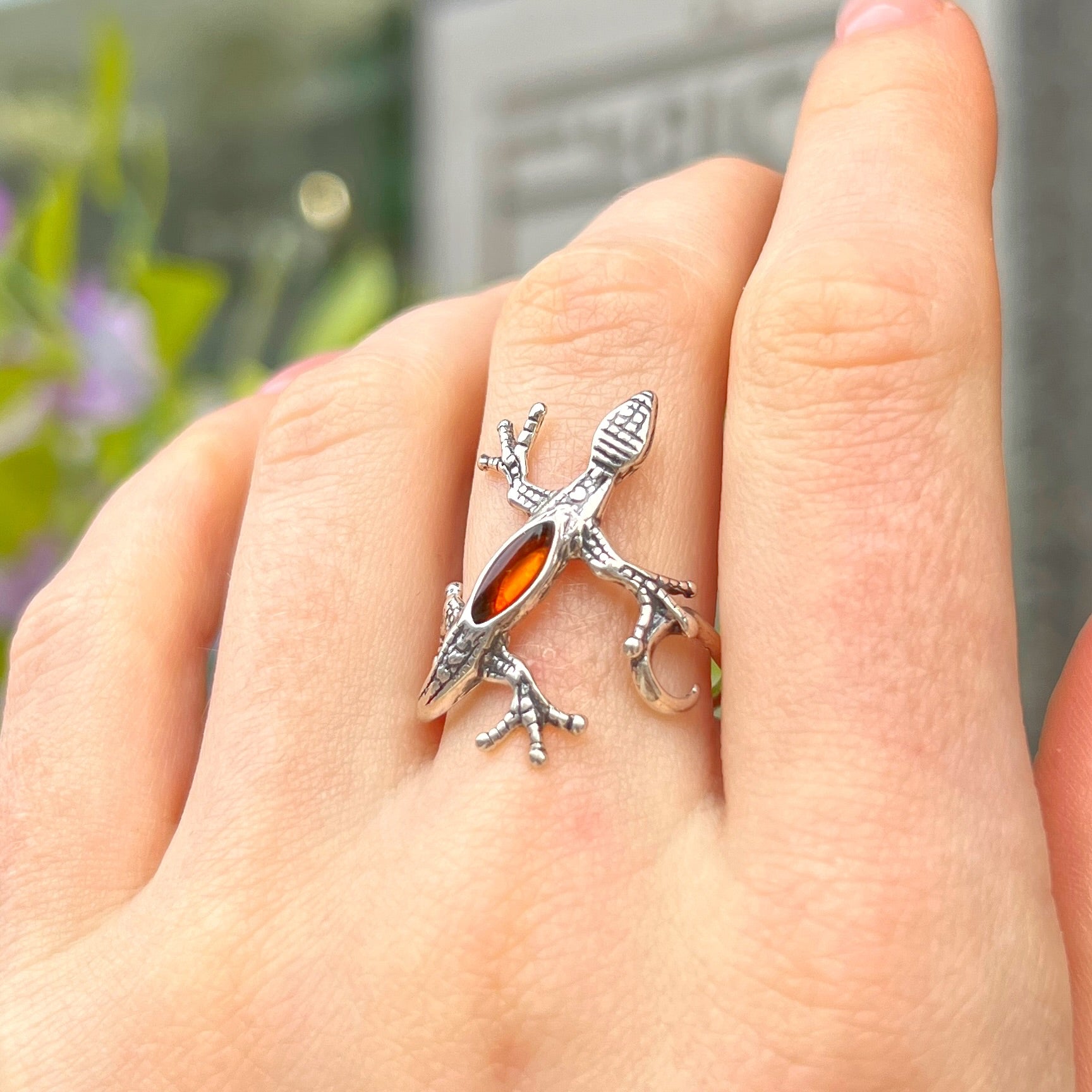 Orange Amber Lizard Design Sterling Silver Ring - Size Q ½