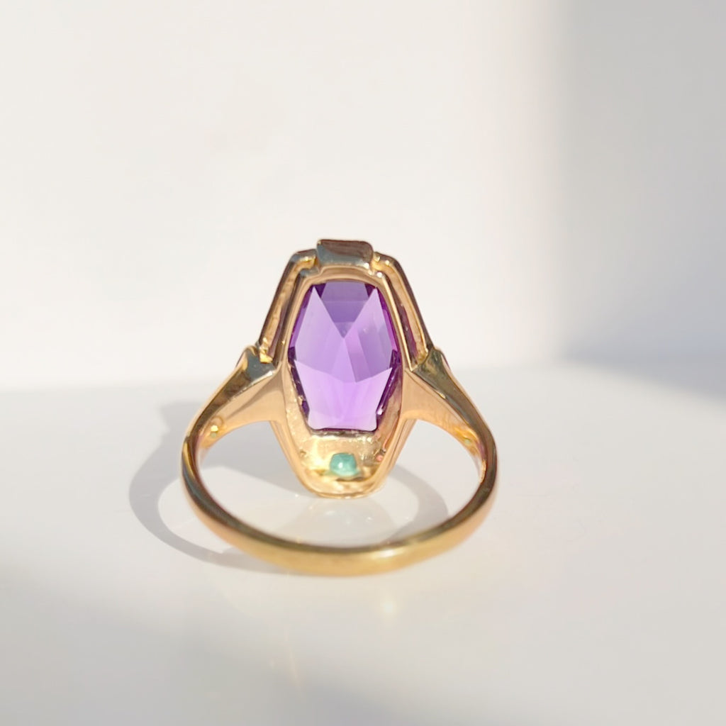 Art Deco Reproduction Amethyst Emerald and Diamond 9ct Yellow Gold Ring | Size N