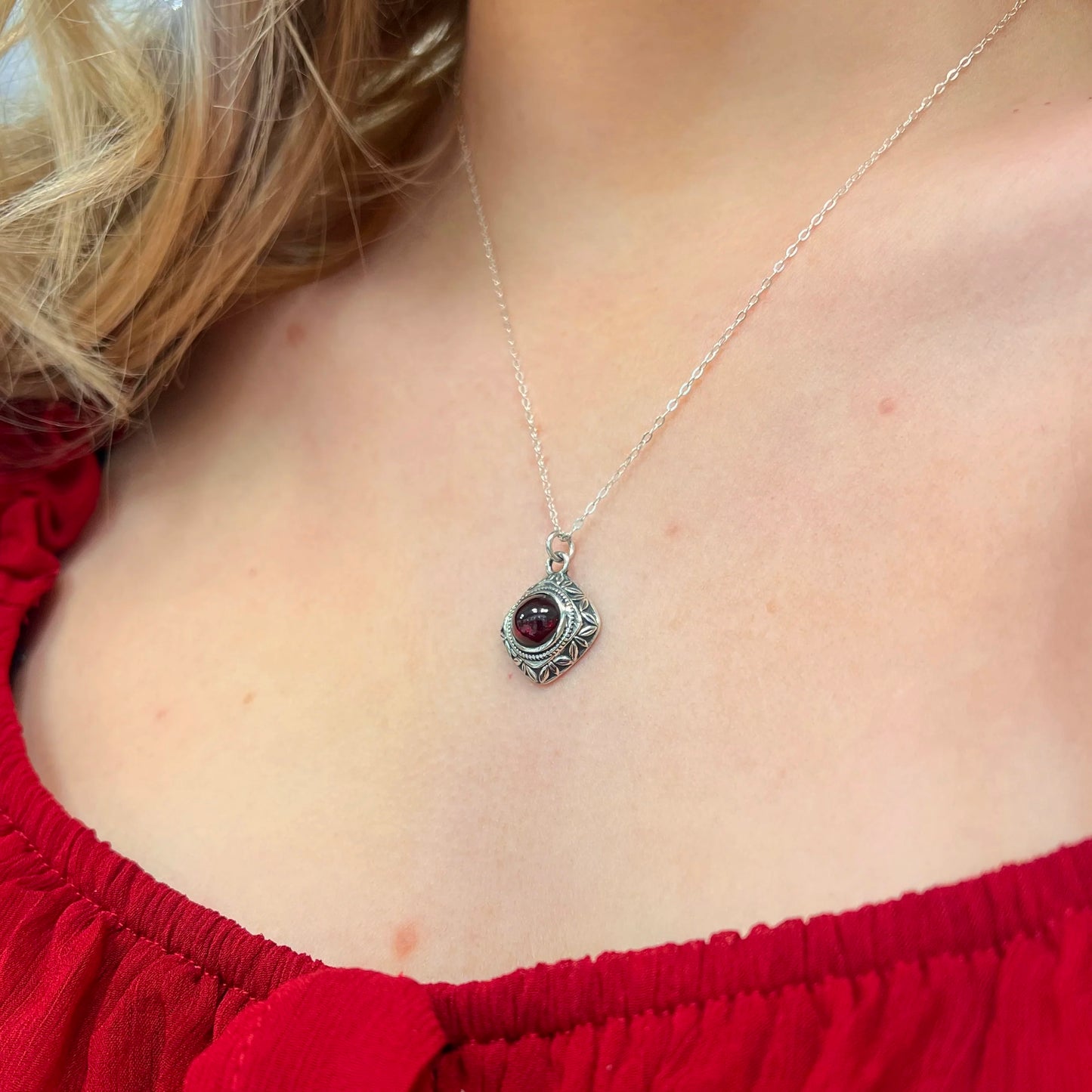 Boho Inspired Oxidised Sterling Silver Red Garnet Cabochon Necklace