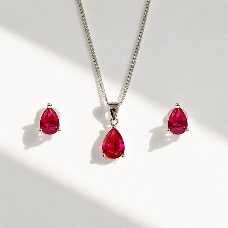 Sterling Silver Pear-Cut Lab-Grown Ruby Matching Necklace and Earring Set