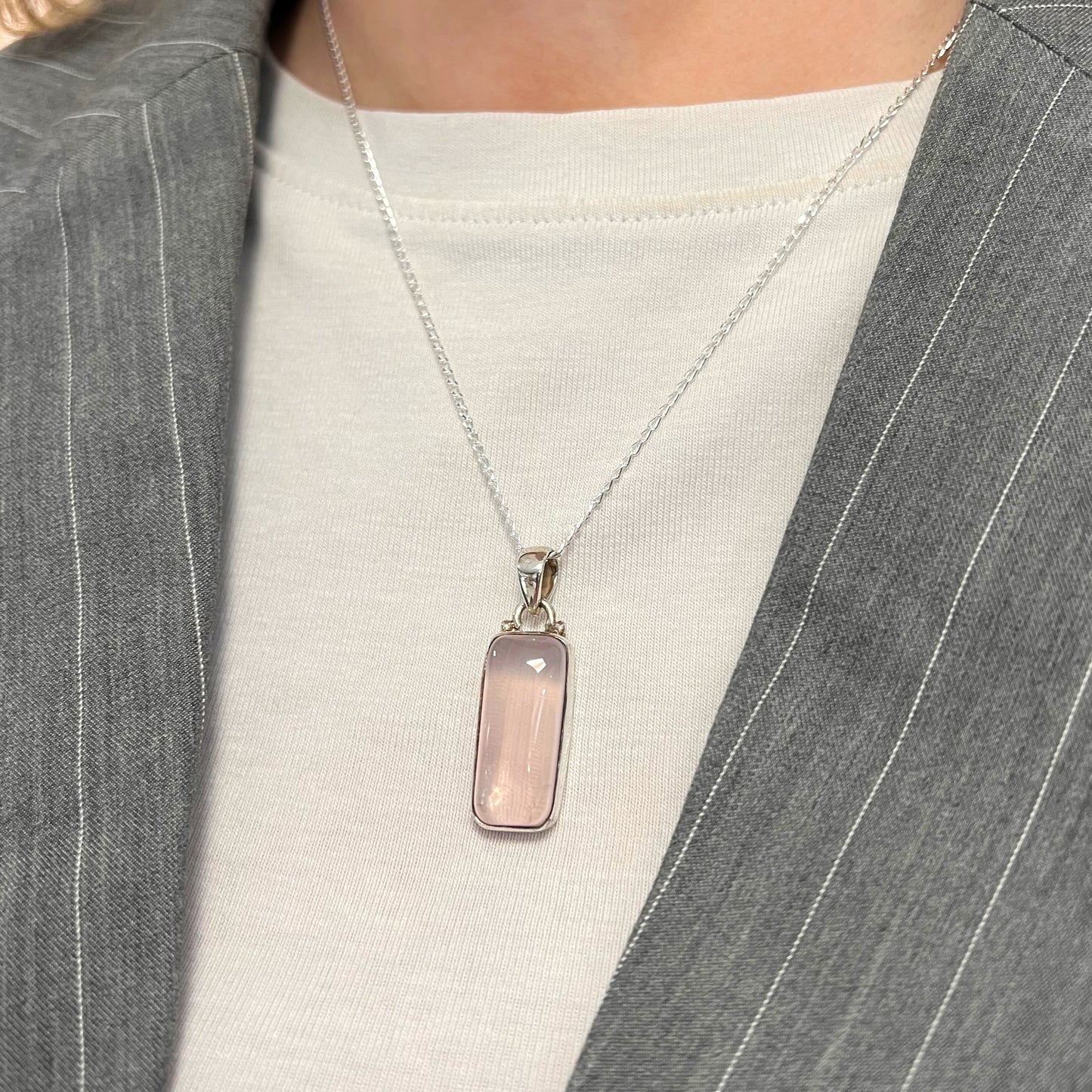 Pink Rose Quartz Sterling Silver Pendant & Chain