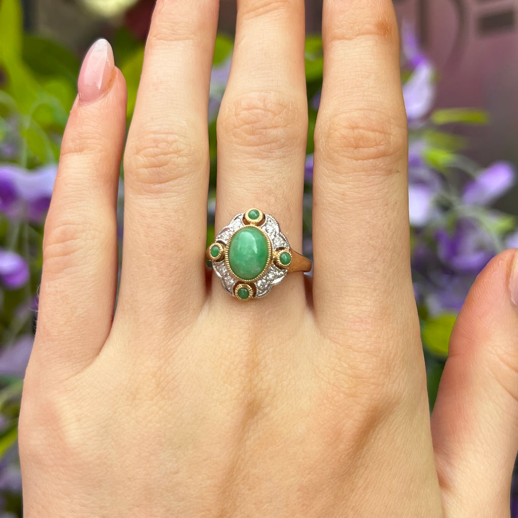 Jade and Diamond Art Deco Reproduction 9ct Yellow Gold Ring | Size N ½