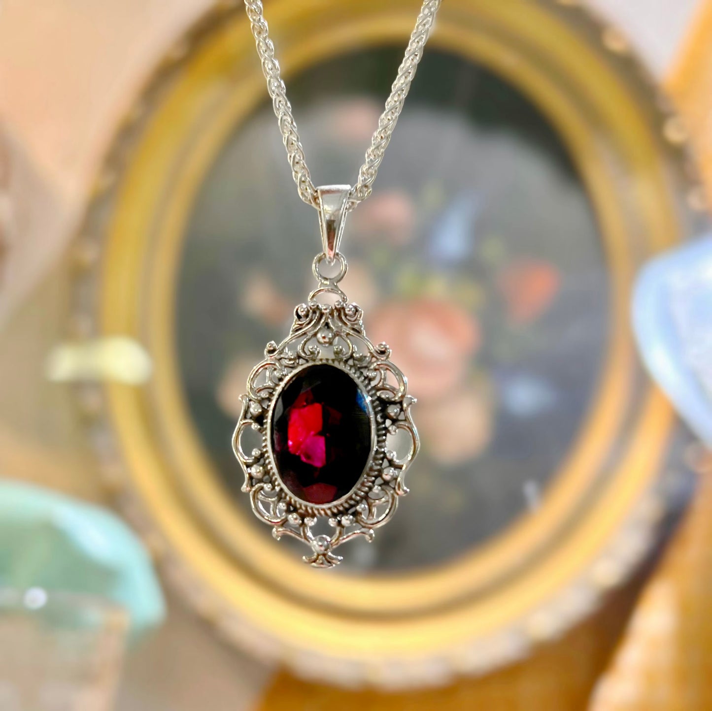Sterling Silver Garnet Filigree Pendant