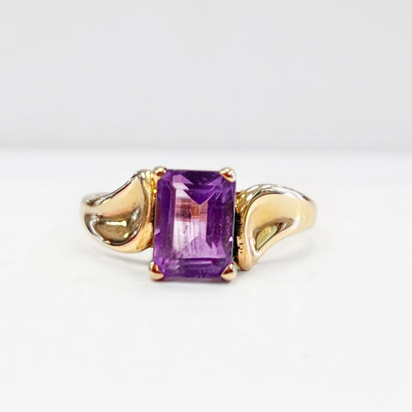 Vintage 9ct Yellow Gold Scrollwork Emerald-cut Amethyst Dress Ring - Size N