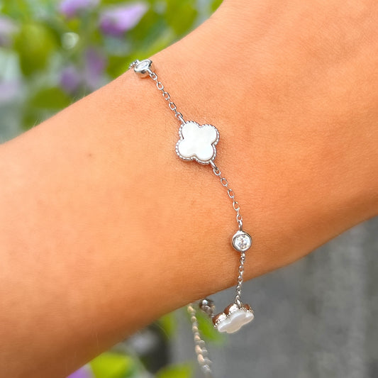 Dainty Sterling Silver White Mother of Pearl & Cubic Zirconia Clover Bracelet