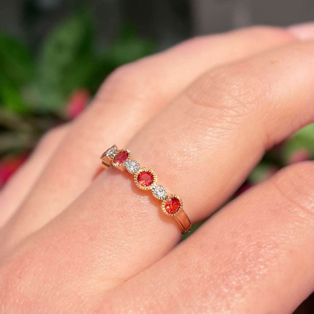 Rare Orange Sapphire and Diamond 9ct Yellow Gold Half Eternity Ring | Size O