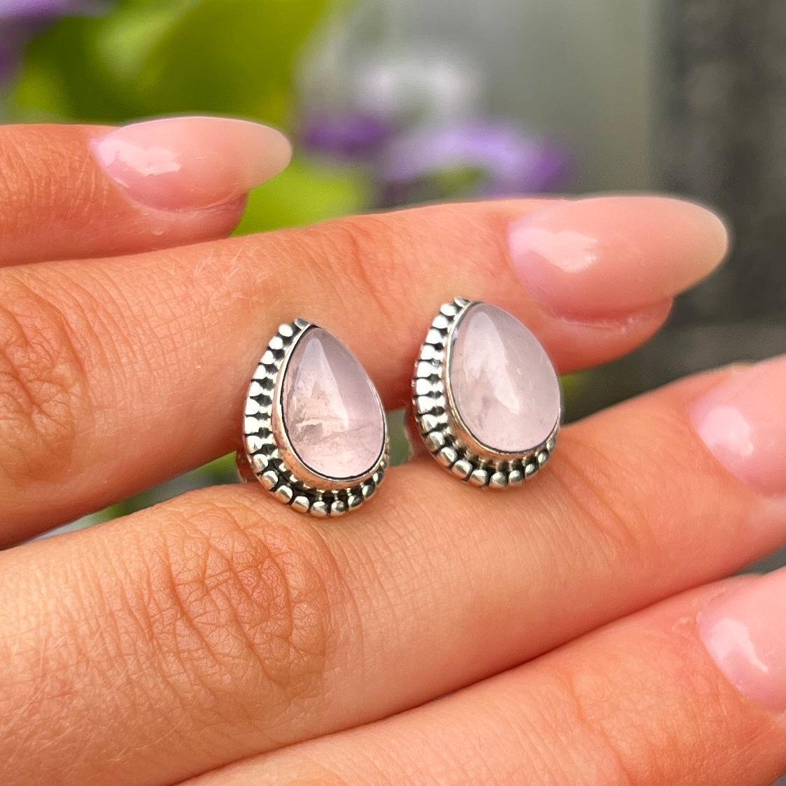 Sterling Silver Boho Pink Rose Quartz Pear Cut Stud Earrings