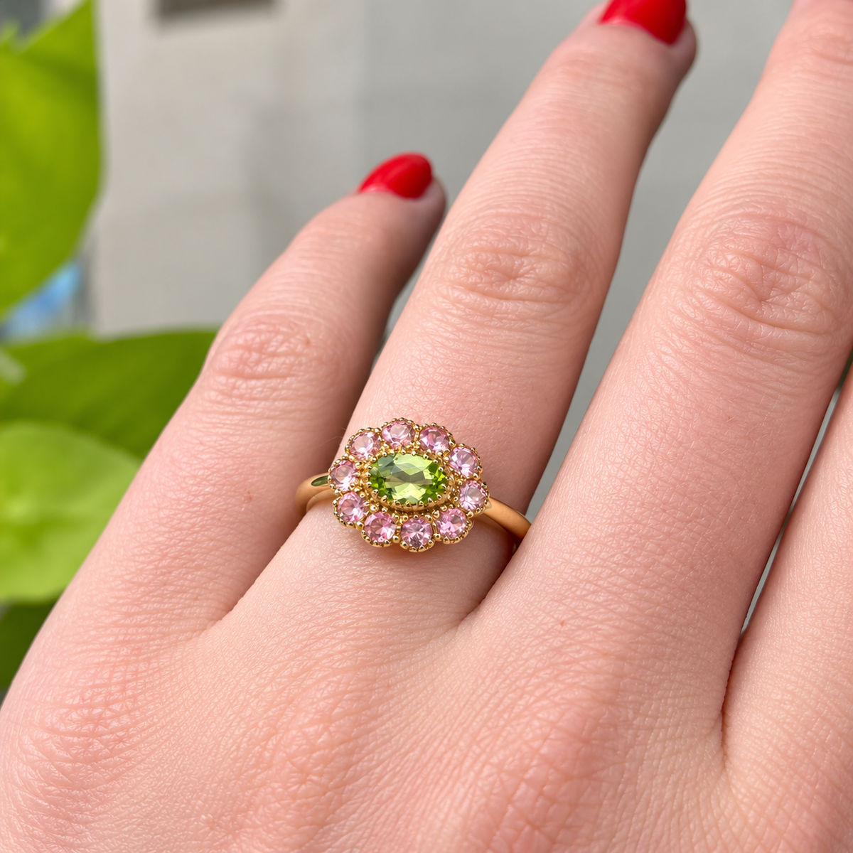 'The Arabella' Victorian Reproduction Peridot and Pink Tourmaline 9ct Yellow Gold Floral Inspired Ring | Size O