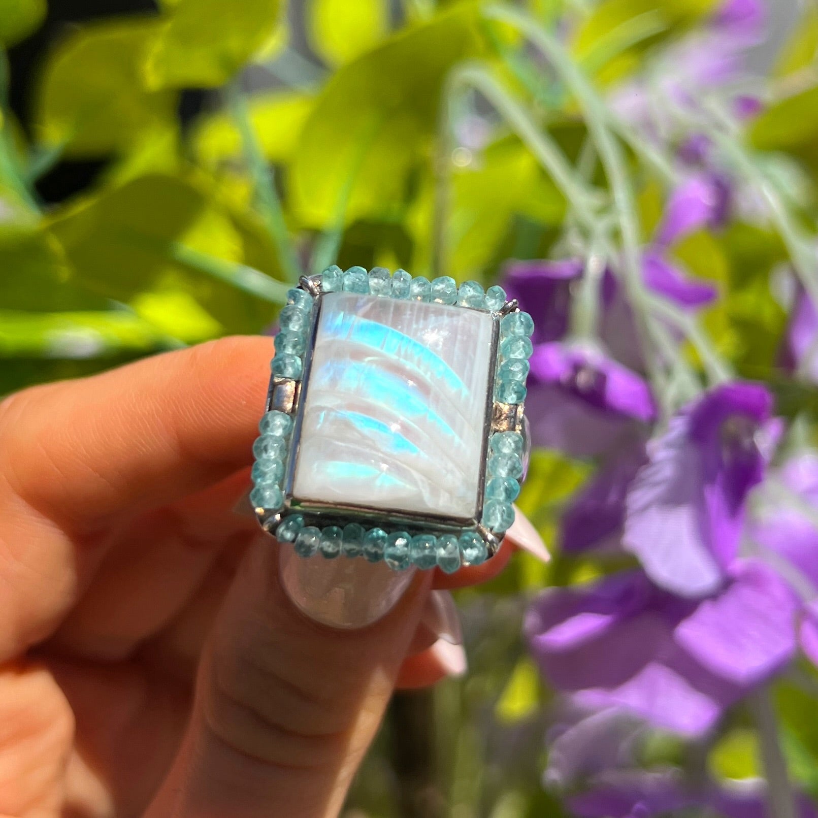 Square Rainbow Moonstone & Aquamarine Beaded Bohemian Ring | Adjustable Size