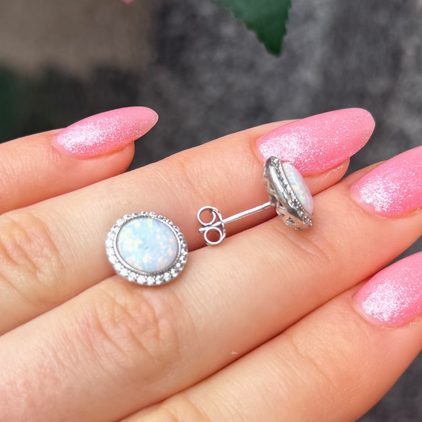 White Opal Cubic Zirconia Halo Sterling Silver Stud Earrings