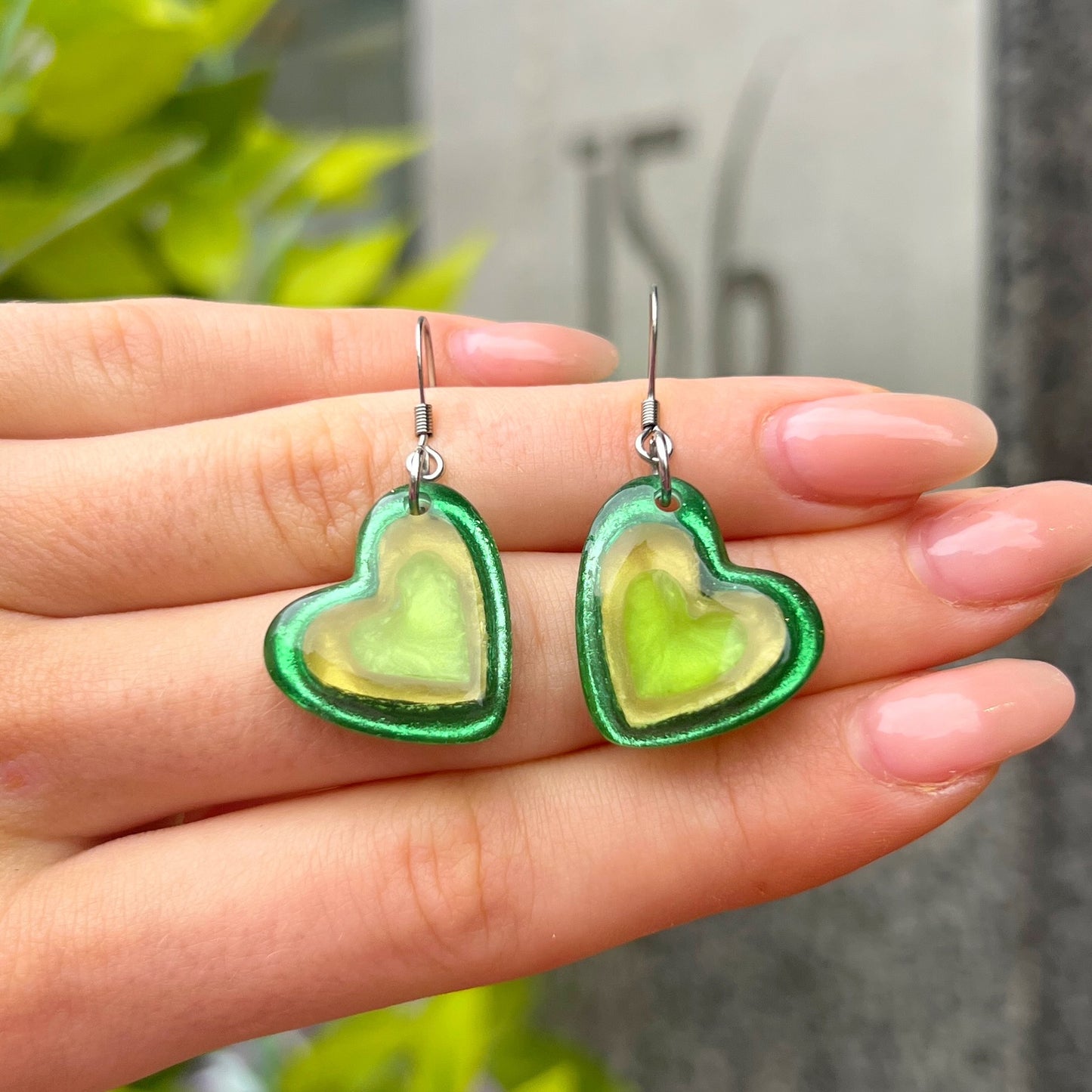 ‘Watch This Space’ Green Love Heart Drop Earrings