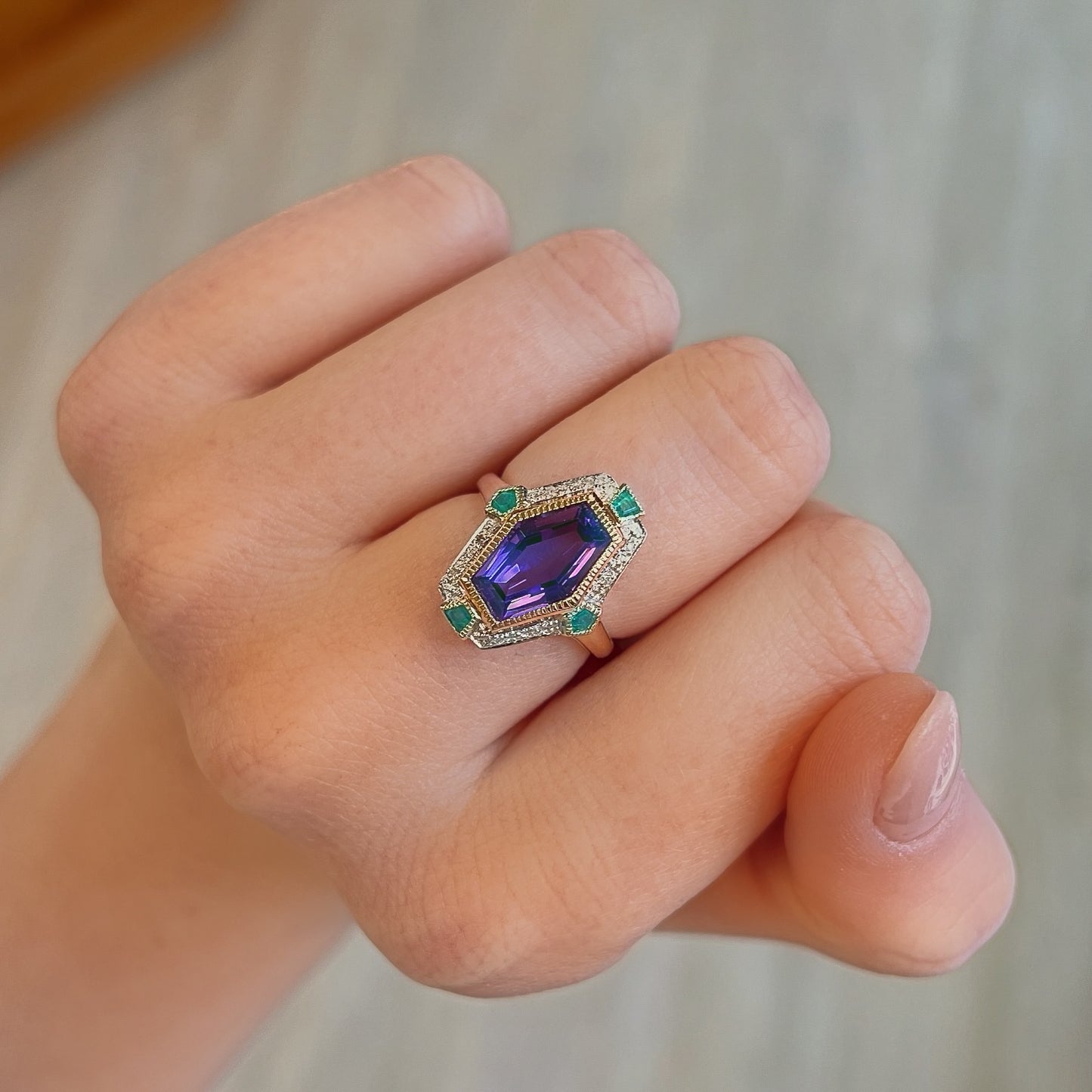 Art Deco Inspired 9ct Yellow Gold Amethyst Emerald and Diamond Ring- Size N